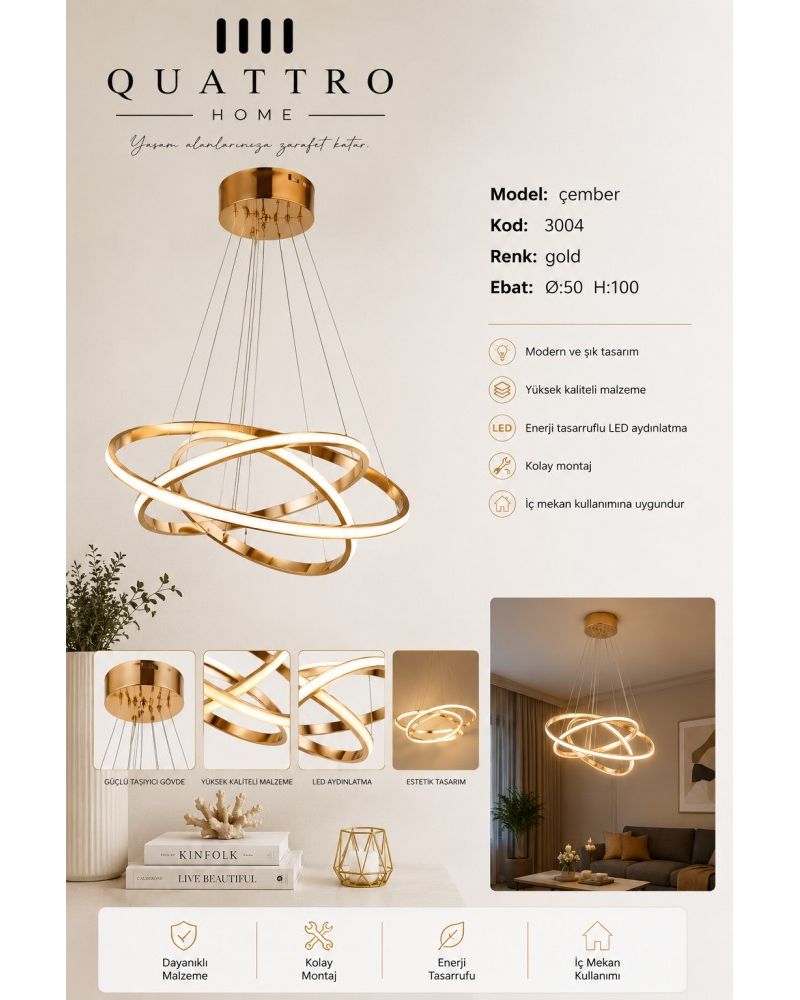 Çember Çapraz Halkalı LED Sarkıt Avize Gold 60W Ø50 cm