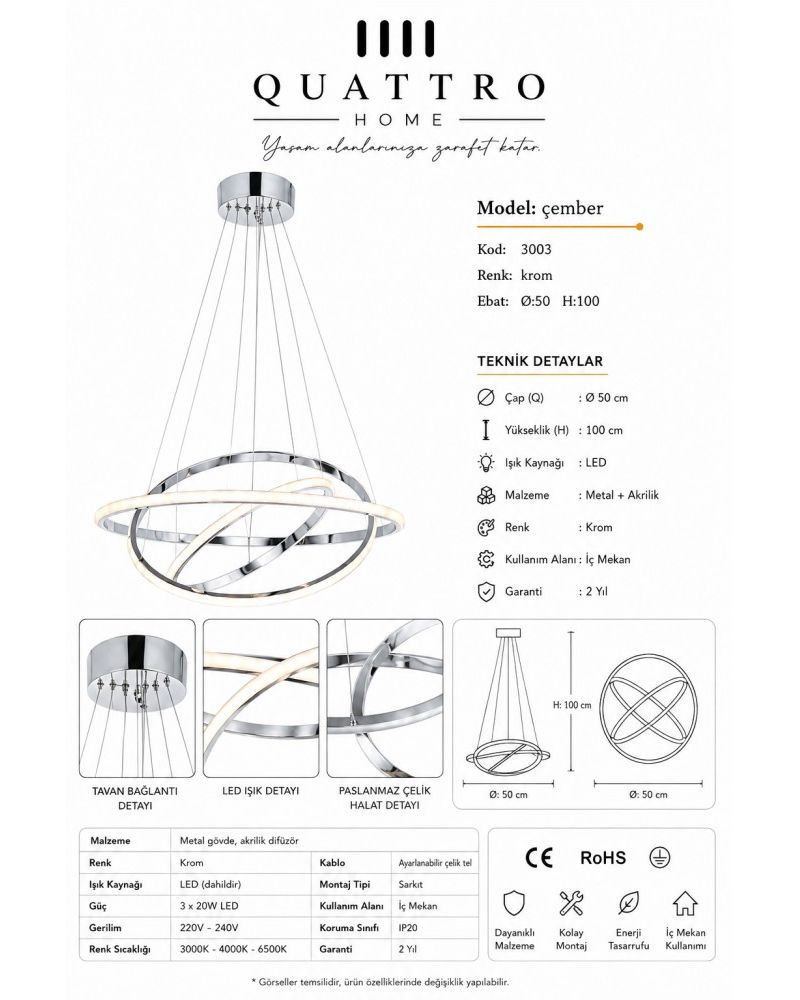 Çember 3 Halkalı LED Sarkıt Avize Krom 60W Ø50 cm