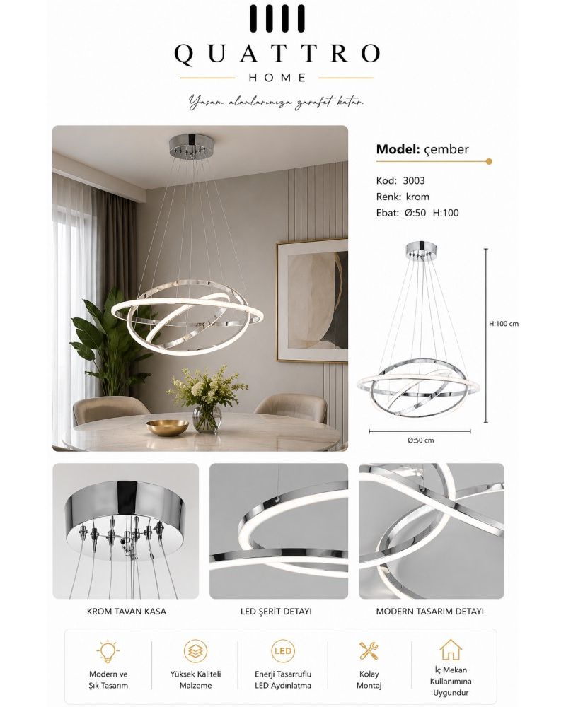 Çember 3 Halkalı LED Sarkıt Avize Krom 60W Ø50 cm