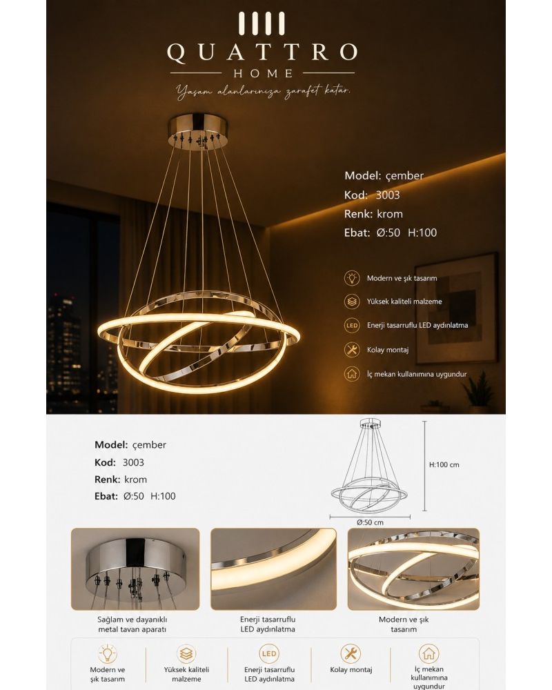 Çember 3 Halkalı LED Sarkıt Avize Krom 60W Ø50 cm