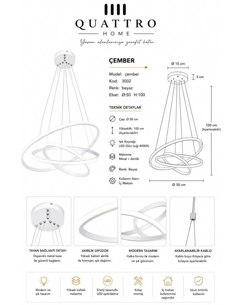 Çember Çapraz Halkalı LED Sarkıt Avize Beyaz 4000K Ø50 cm
