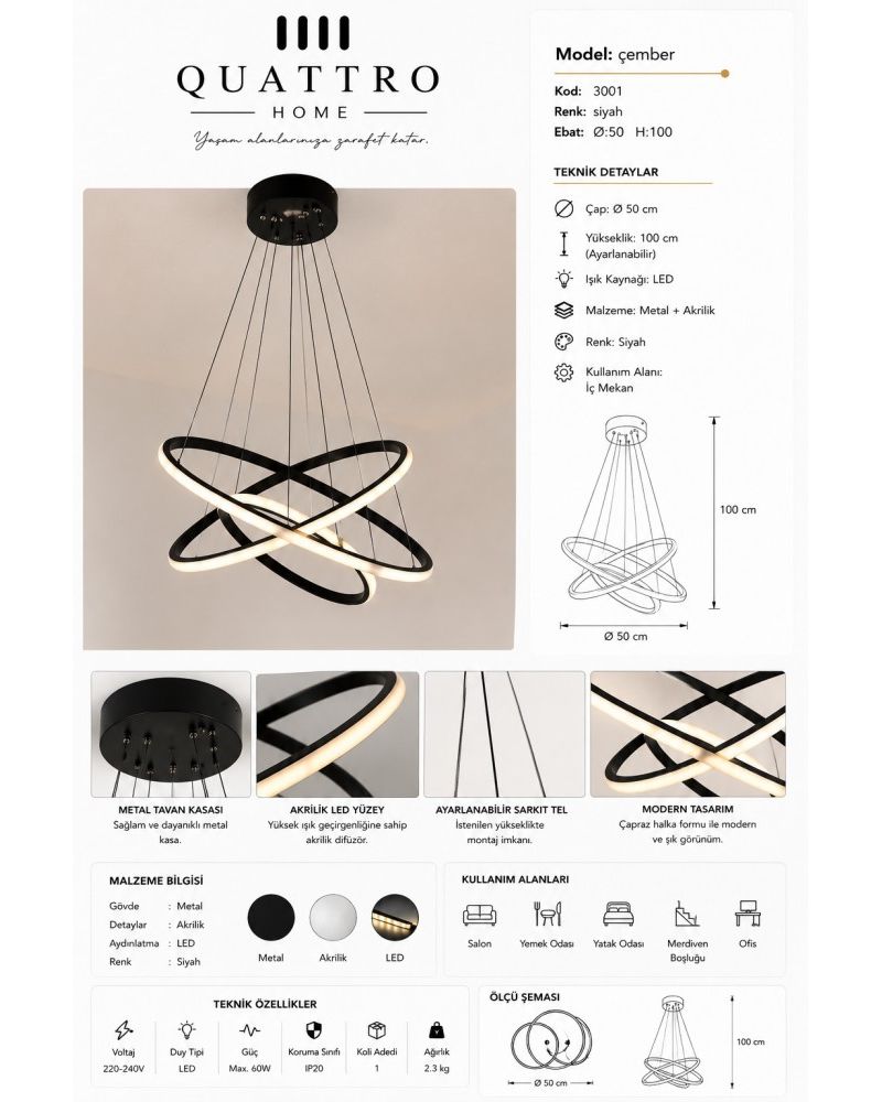Çember Çapraz Halkalı LED Sarkıt Avize Siyah 60W Ø50 cm