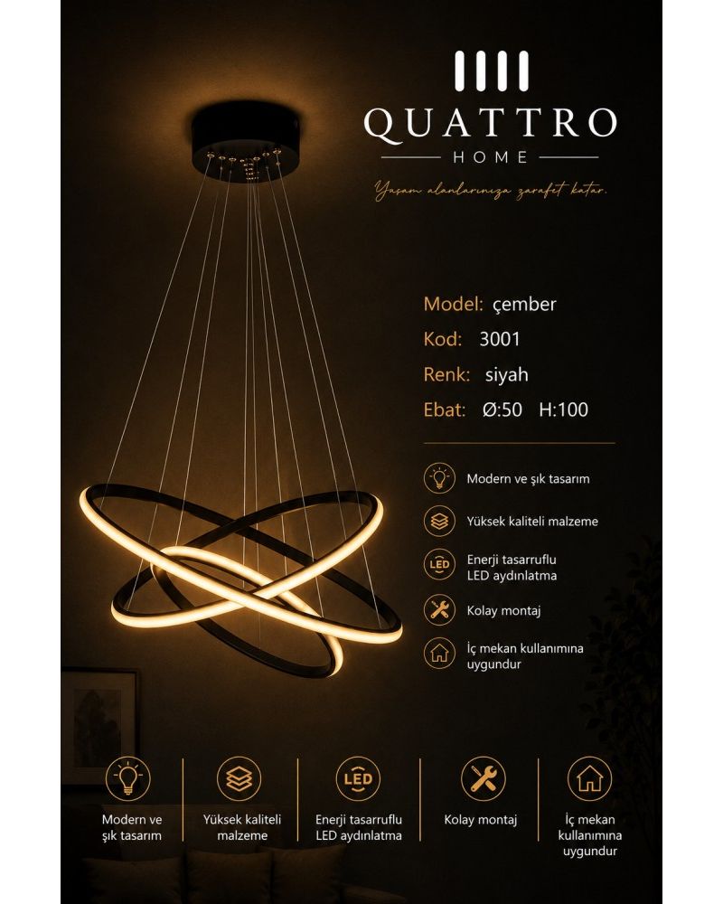 Çember Çapraz Halkalı LED Sarkıt Avize Siyah 60W Ø50 cm