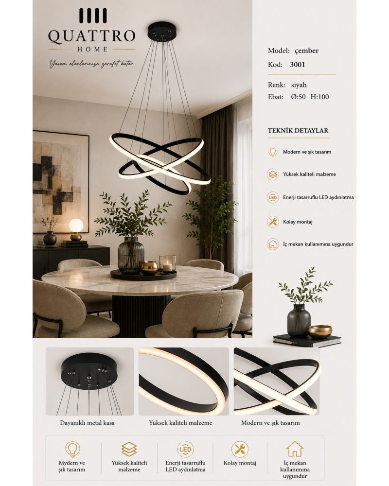 Çember Çapraz Halkalı LED Sarkıt Avize Siyah 60W Ø50 cm