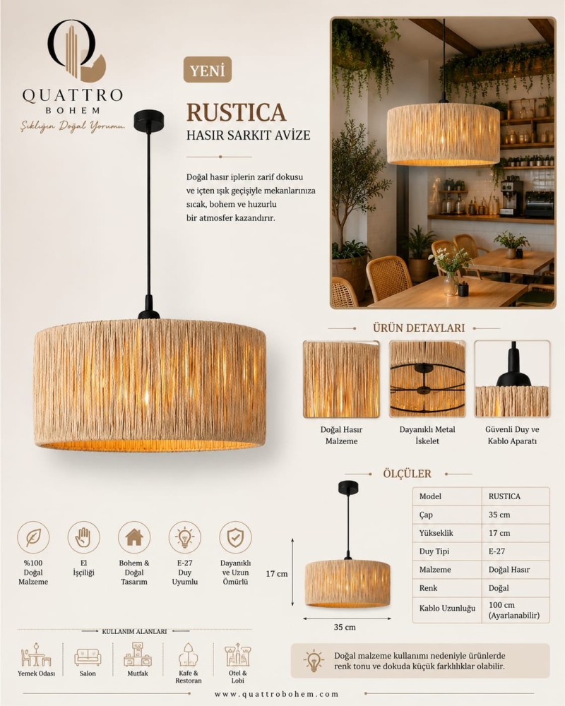 Rustica Hasır Sarkıt Avize 35x17 cm El Yapımı Doğal Hasır Bohem Dekoratif Tavan Lambası