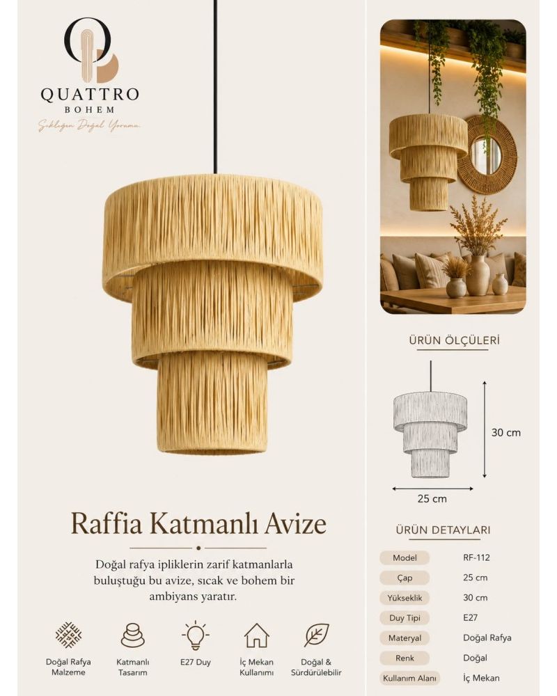 Raffia Katmanlı Sarkıt Avize 25x30 cm El Yapımı Doğal Rafya Bohem Dekoratif Tavan Lambası