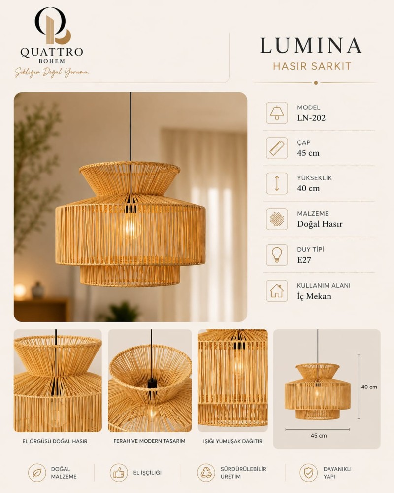 Lumina Hasır Sarkıt Avize 45x40 cm El Yapımı Doğal Hasır Bohem Dekoratif Tavan Lambası