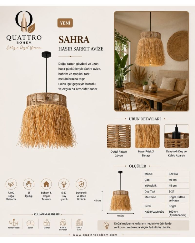 Dera Bohem Sahara Doğal Rattan Hasır Sarkıt Avize 40 cm E27 Bohem Dekoratif Aydınlatma
