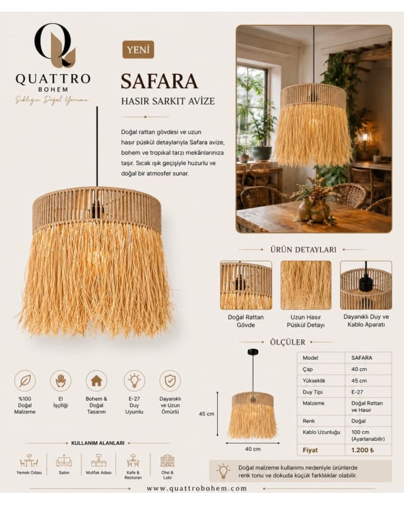 Dera Bohem Safara Doğal Rattan Hasır Sarkıt Avize 40 cm E27 Bohem Dekoratif Aydınlatma