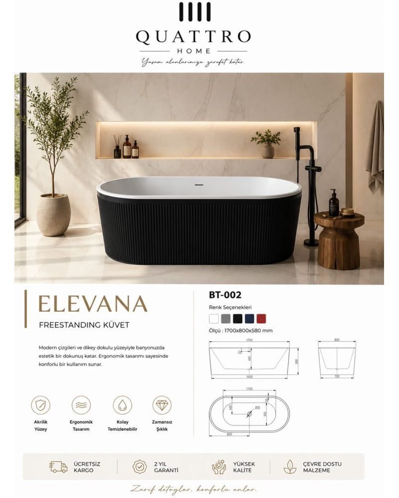 Elevana BT-002 Freestanding Küvet 170x80 cm Siyah Beyaz Premium Akrilik Küvet