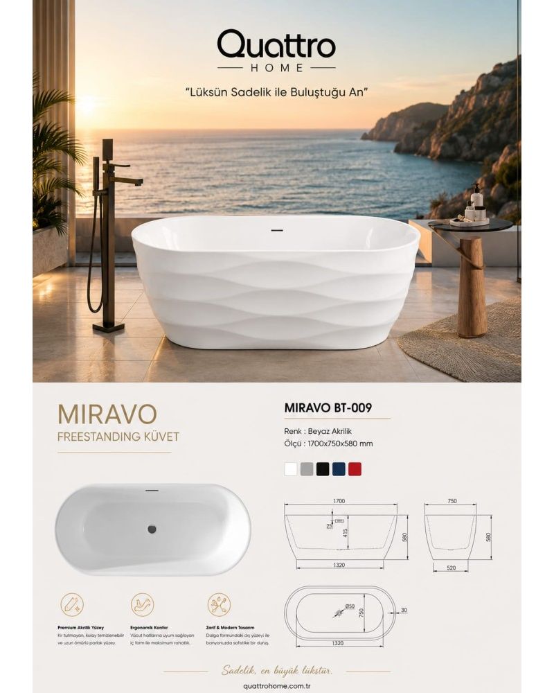 Miravo BT-009 Freestanding Küvet 170x75 cm Beyaz Premium Akrilik Küvet