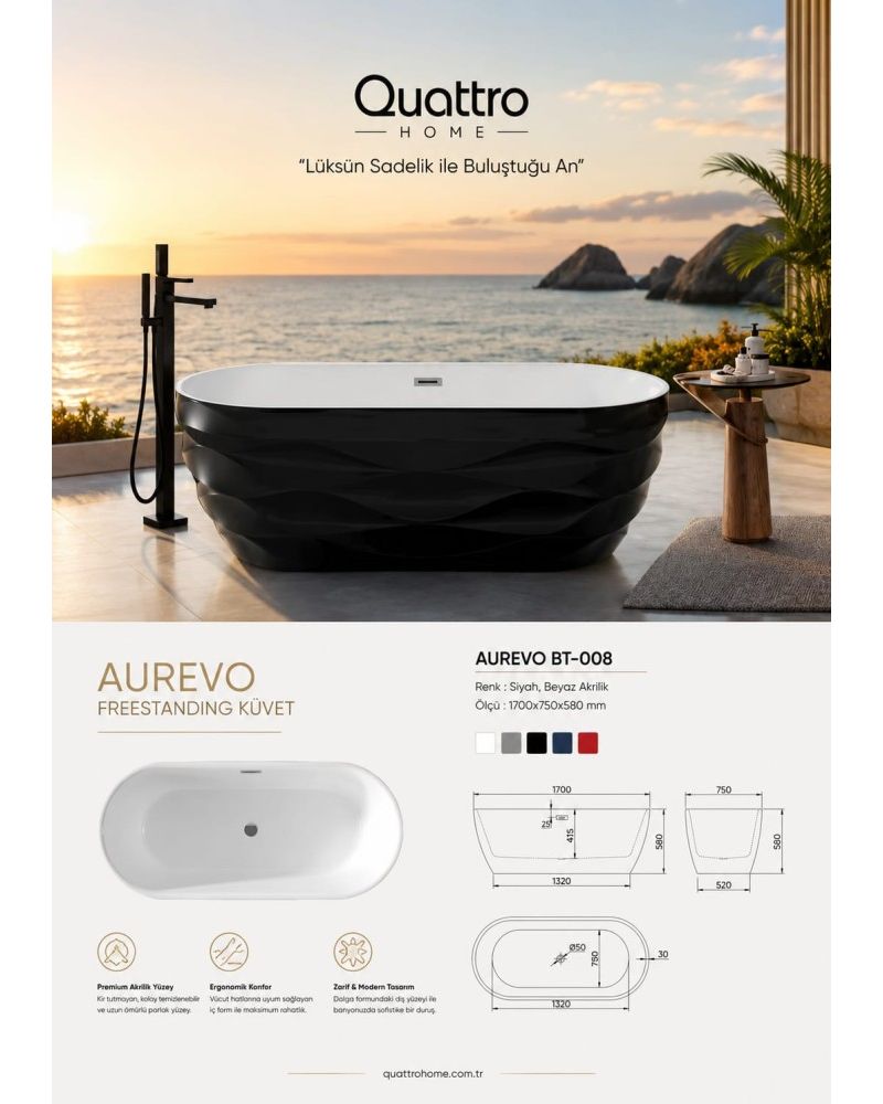 Quattro Home Aurevo BT-008 Freestanding Küvet 170x75 cm Siyah Beyaz Premium Akrilik Küvet
