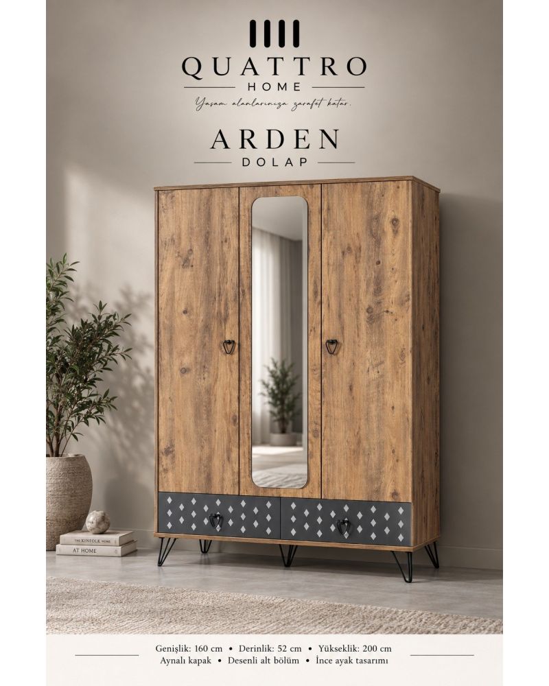 Arden Aynalı 3 Kapaklı Dolap-Genişlik: 160 cm Derinlik: 52 cm Yükseklik: 200 cm