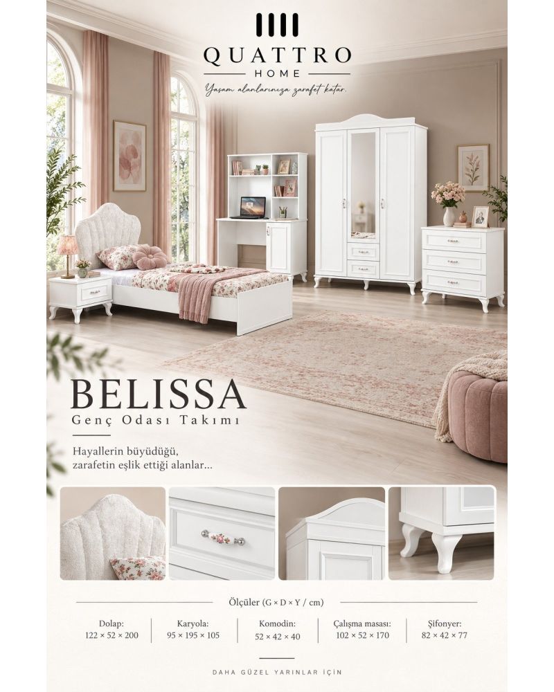 Belissa Genç Odası Takımı-Dolap: 122 × 52 × 200 cm Karyola: 95 × 195 × 105 cm Komodin: 52 × 42 × 40 cm Çalışma Masası: 102 × 52 × 170 cm Şifonyer: 82 × 42 × 77 cm