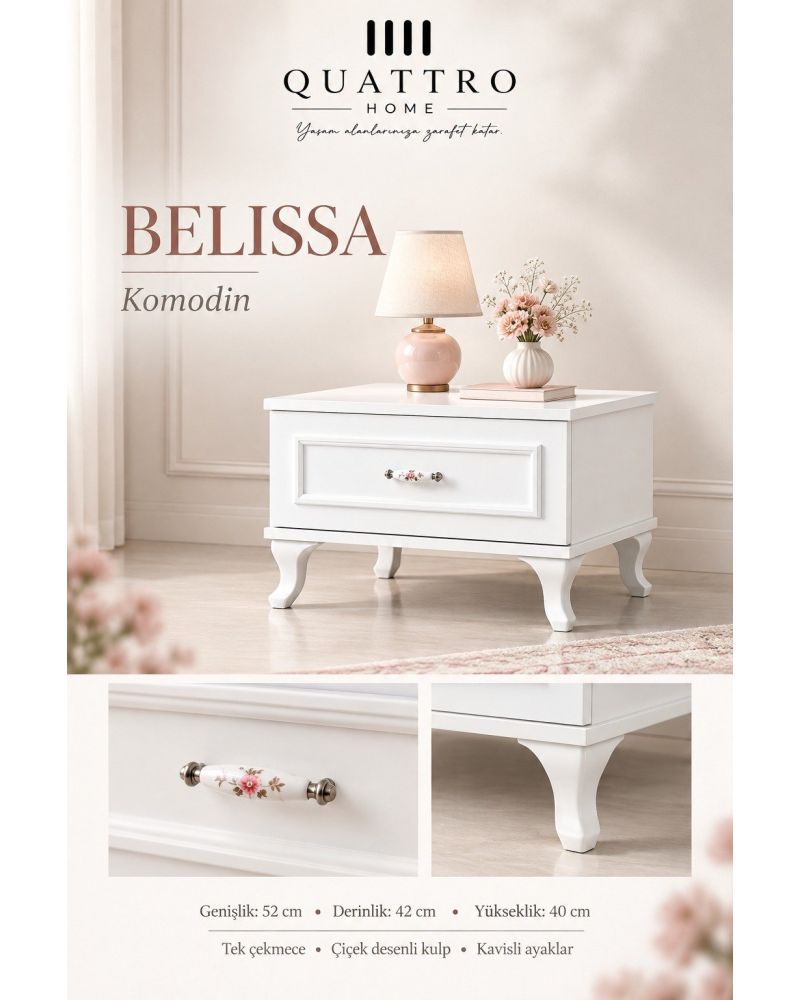 Belissa Tek Çekmeceli Komodin-Genişlik: 52 cm Derinlik: 42 cm Yükseklik: 40 cm