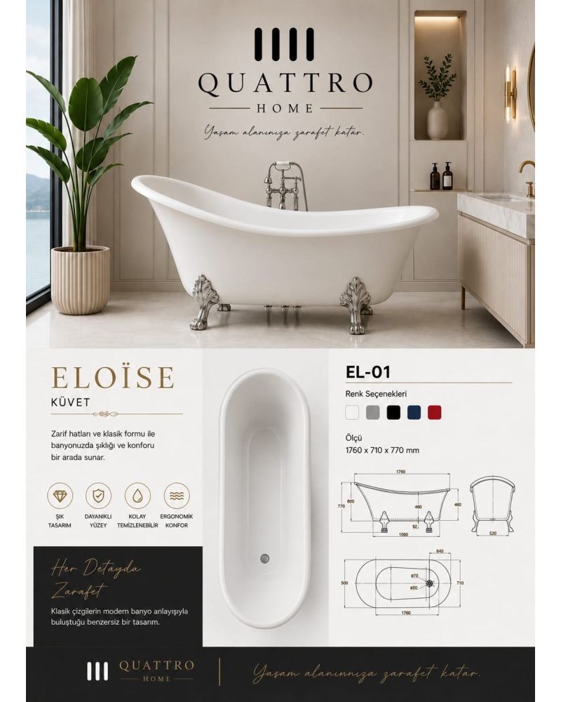 Eloise EL-01 Klasik Freestanding Küvet 176x71 cm Premium Akrilik Ayaklı Küvet