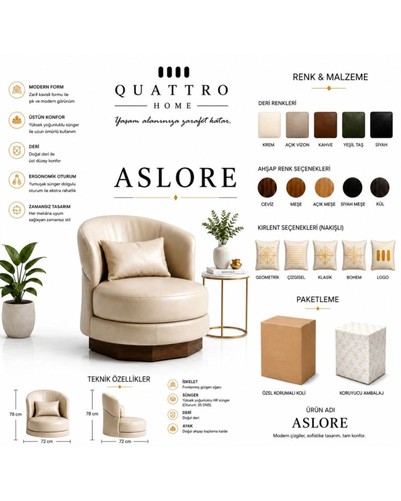 Aslore Krem Deri  Berjer – Ahşap Kaideli Modern Koltuk