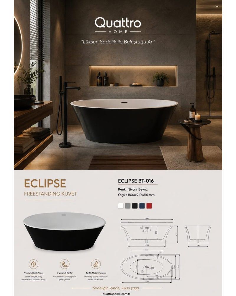 Eclipse BT-016 Freestanding Küvet 180x91 cm Siyah Beyaz Premium Akrilik Küvet
