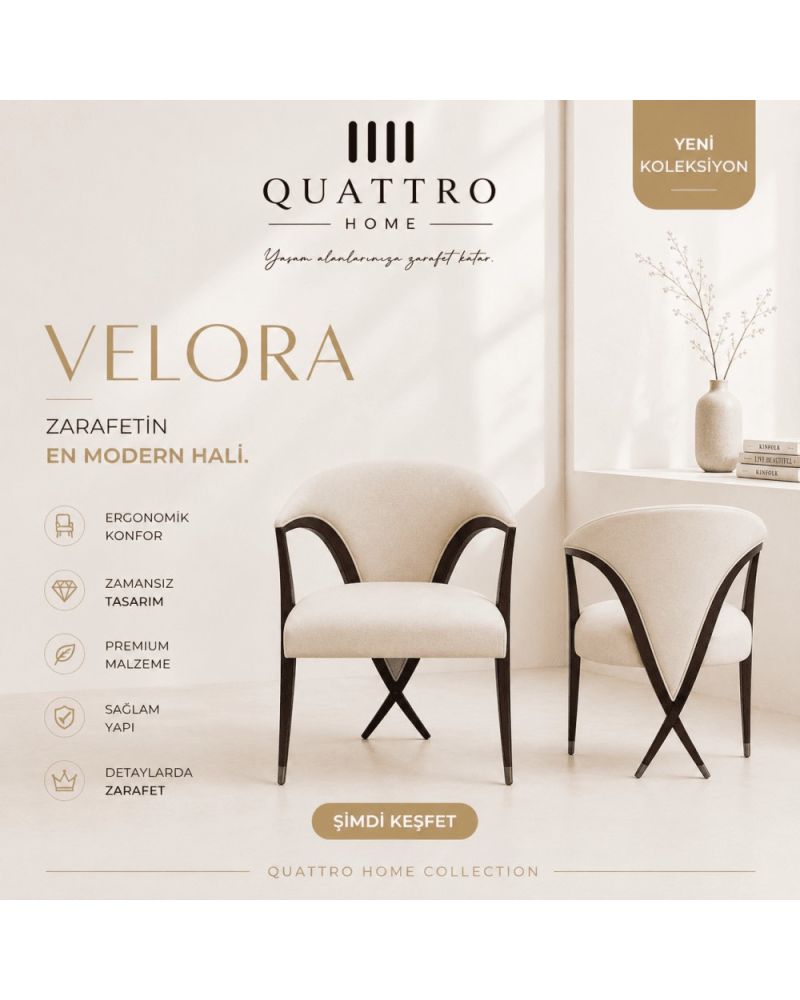 Velora Modern Döşemeli Sandalye Krem Ahşap Görünümlü Ayaklı