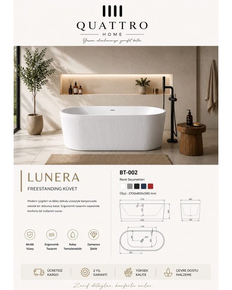 Lunera BT-002 Freestanding Küvet 170x80 cm Modern Akrilik Bağımsız Küvet