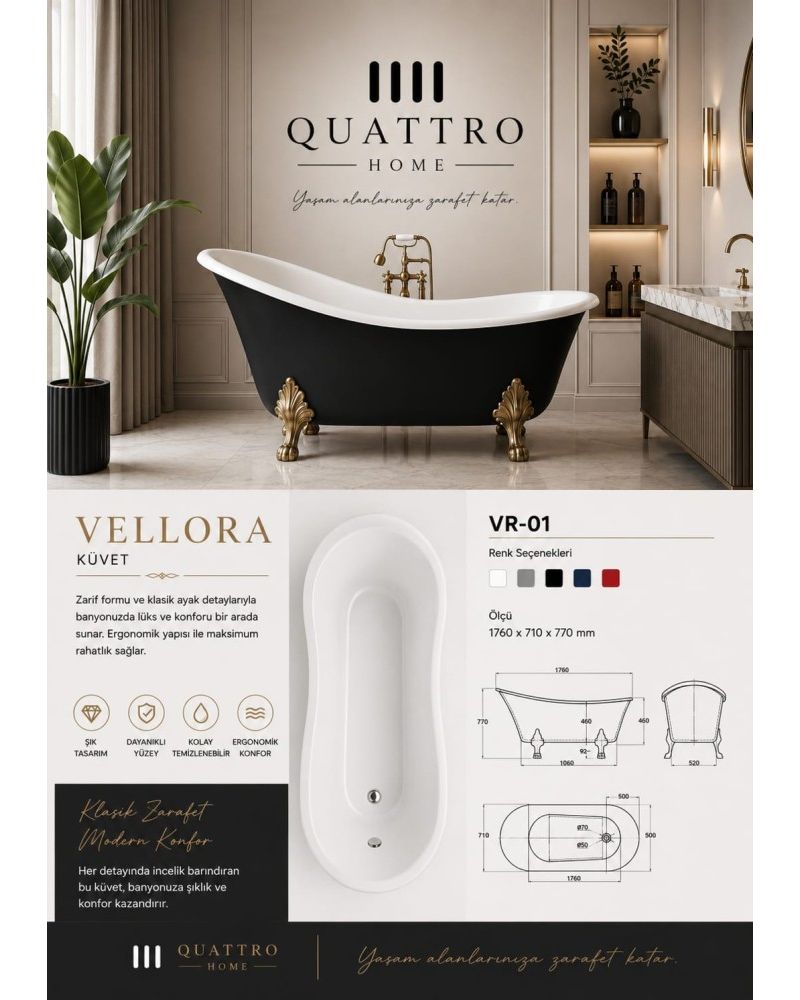 Vellora VR-01 Klasik Freestanding Küvet 176x71 cm Siyah Beyaz Akrilik Küvet