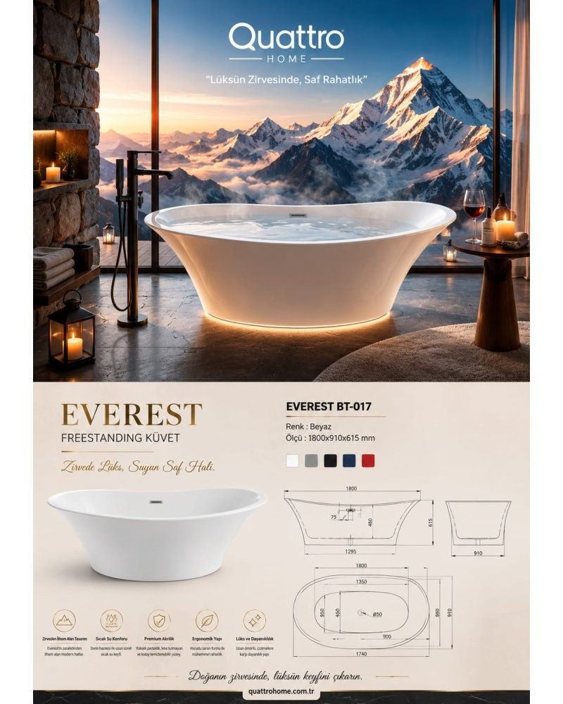 Everest BT-017 Freestanding Küvet 180x91 cm Premium Akrilik Bağımsız Küvet