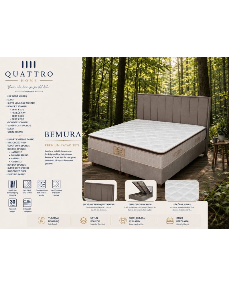 Bemura Premium Yatak Seti Ortopedik Pocket Yaylı Sandıklı Baza Başlık Takımı 30 cm