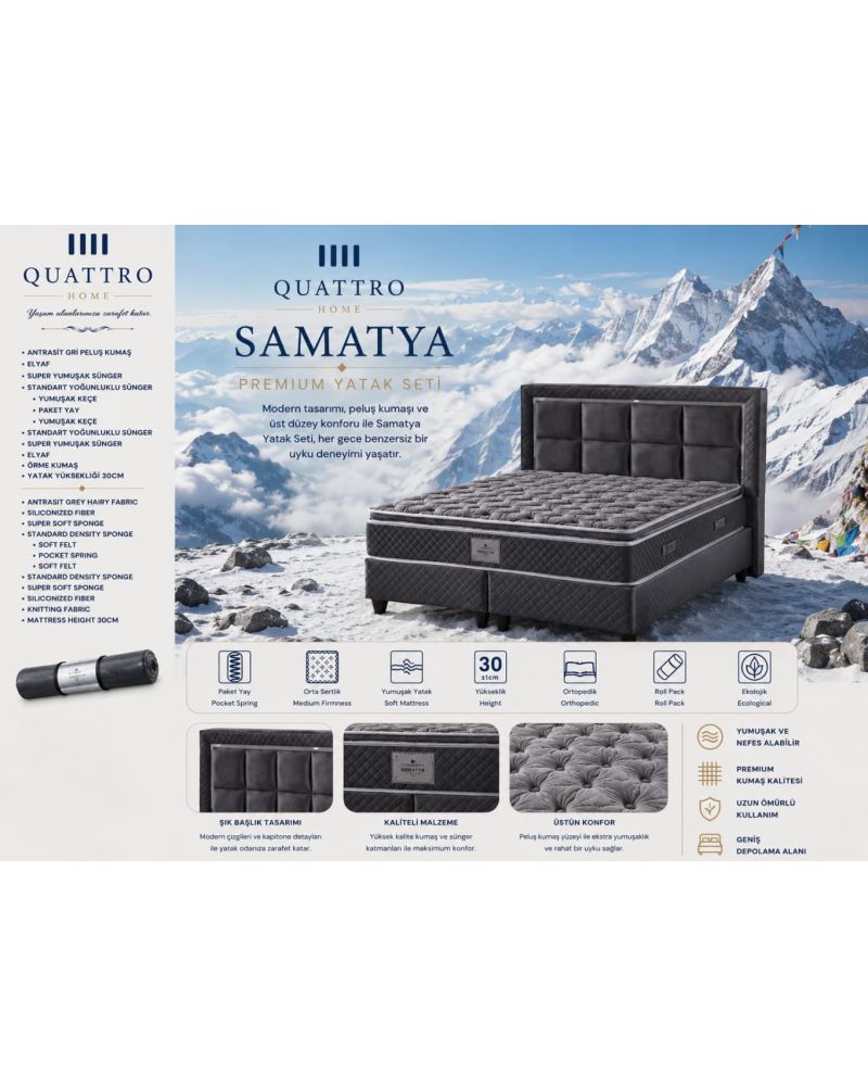 Samatya Premium Çift Kişilik Yatak Seti Ortopedik Pocket Yaylı Sandıklı Baza Başlık Takımı 30 cm