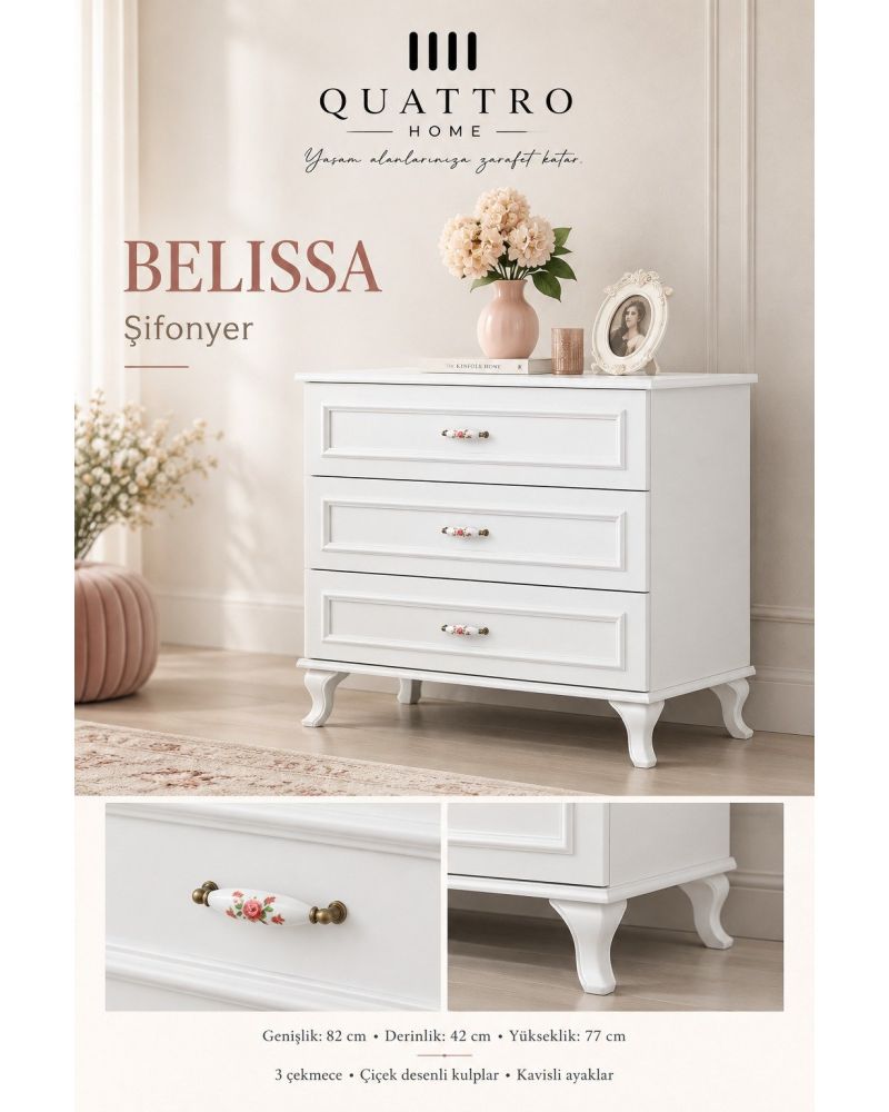 Belissa 3 Çekmeceli Şifonyer-Genişlik: 82 cm Derinlik: 42 cm Yükseklik: 77 cm