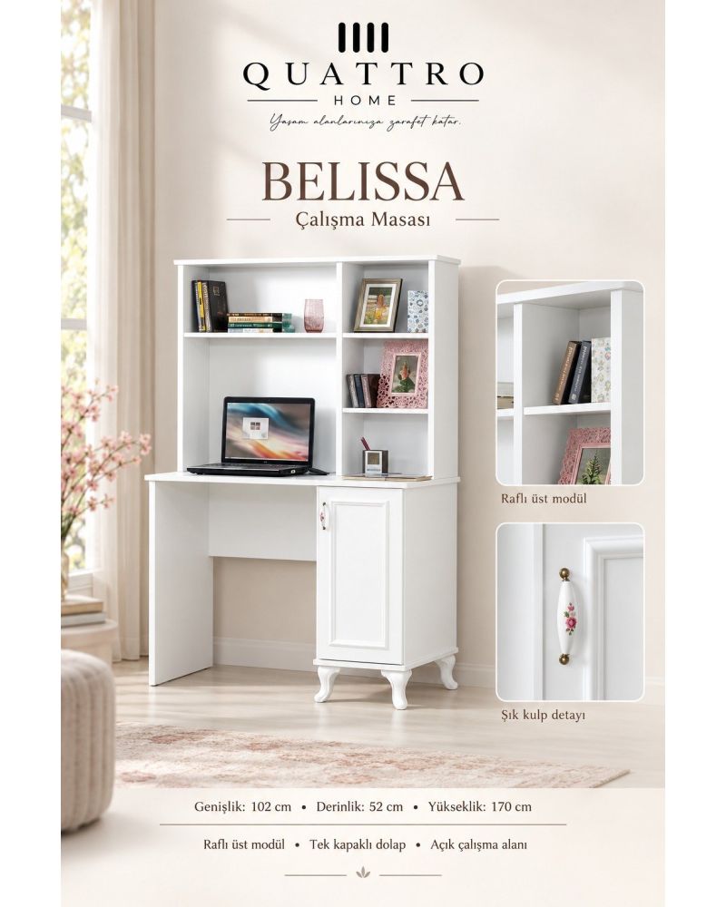 Belissa Kitaplıklı Çalışma Masası-Genişlik: 102 cm Derinlik: 52 cm Yükseklik: 170 cm