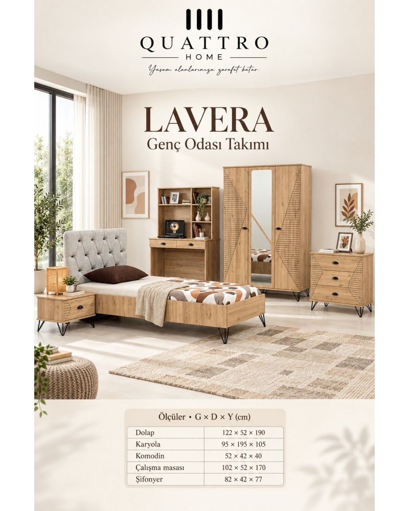 Lavera Genç Odası Takımı-Dolap: 122 × 52 × 190 cm Karyola: 95 × 195 × 105 cm Komodin: 52 × 42 × 40 cm Çalışma Masası: 102 × 52 × 170 cm Şifonyer: 82 × 42 × 77 cm
