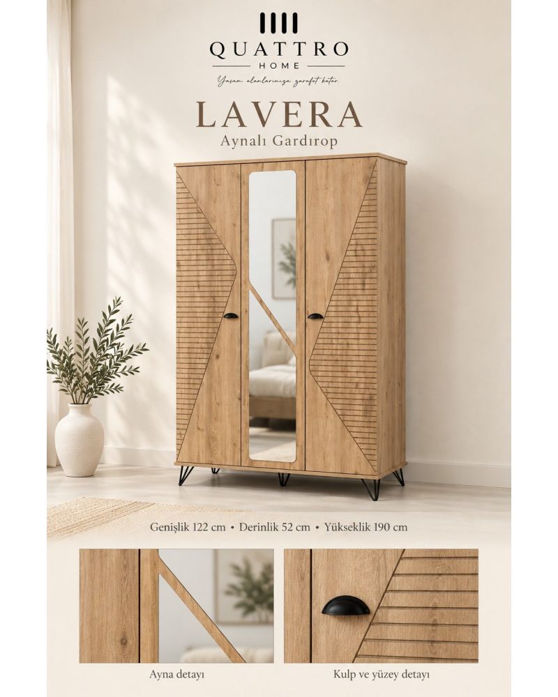 Lavera Genç Odası Takımı-Dolap: 122 × 52 × 190 cm Karyola: 95 × 195 × 105 cm Komodin: 52 × 42 × 40 cm Çalışma Masası: 102 × 52 × 170 cm Şifonyer: 82 × 42 × 77 cm