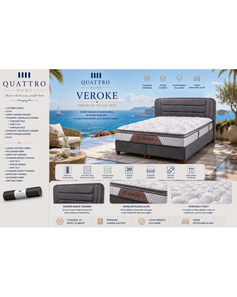 Veroke Premium Çift Kişilik Yatak Seti Ortopedik Pocket Yaylı Sandıklı Baza Başlık Takımı