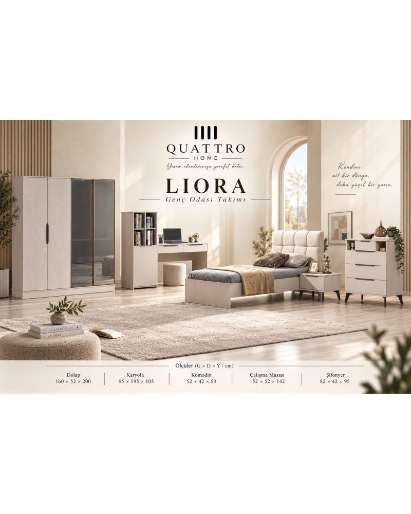 Liora Genç Odası Takımı- Dolap Ölçüsü-160 × 52 × 200 cm Karyola 95 × 195 × 105  Komodin 52 × 42 × 53 cm Çalışma Masa 152 × 52 × 142 cm Şifonyer  82 × 42 × 95 cm
