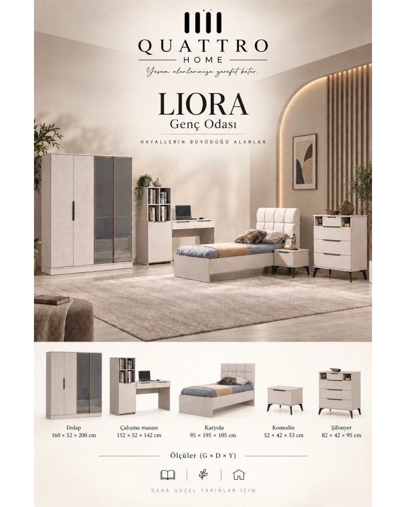 Liora Genç Odası Takımı- Dolap Ölçüsü-160 × 52 × 200 cm Karyola 95 × 195 × 105  Komodin 52 × 42 × 53 cm Çalışma Masa 152 × 52 × 142 cm Şifonyer  82 × 42 × 95 cm