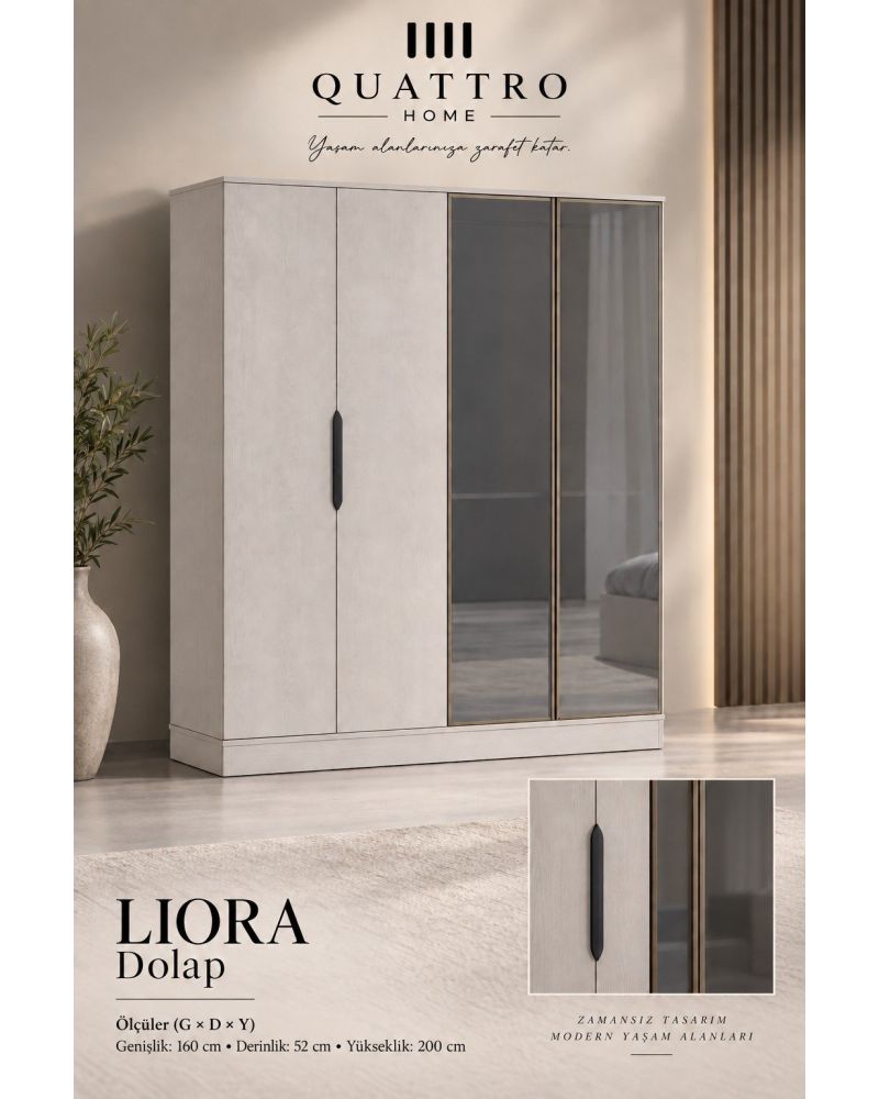 Liora 4 Kapaklı Aynalı Genç Odası Dolabı-Genişlik: 160 cm Derinlik: 52 cm Yükseklik: 200 cm