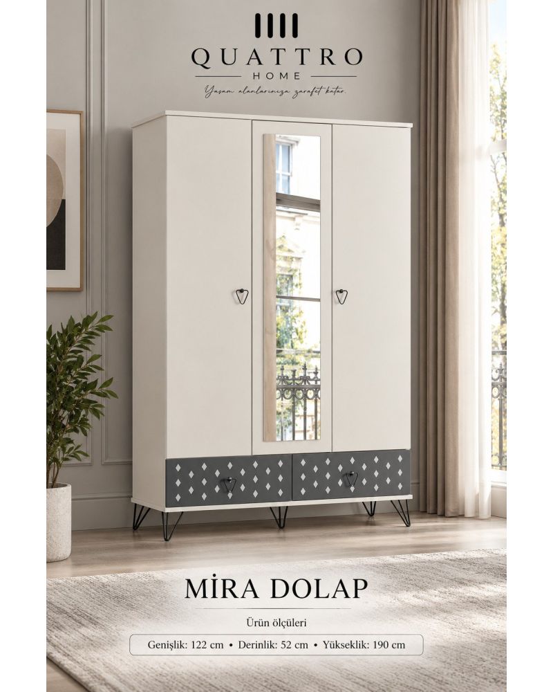 Mira Genç Odası Takımı-Dolap	122 × 52 × 190 cm Karyola	95 × 195 × 105 cm Komodin	52 × 42 × 53 cm Çalışma Masası	 110 × 52 × 141 cm Şifonyer	82 × 42 × 93,5 cm