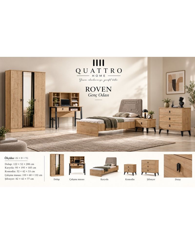 Roven Genç Odası Takımı-Dolap: 122 x 52 x 200 cm Karyola: 95 x 195 x 105 cm Komodin: 52 x 42 x 53 cm Çalışma Masası: 110 x 60 x 132 cm Şifonyer: 82 x 42 x 77 cm