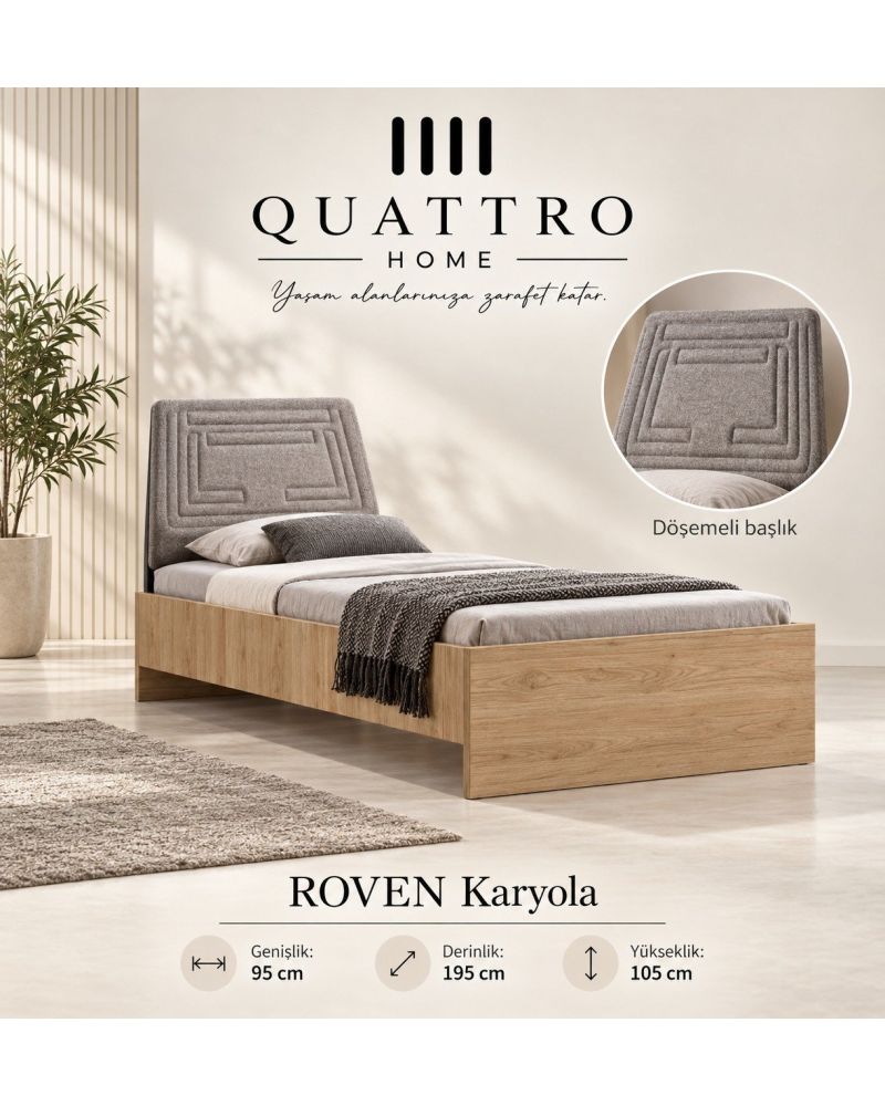 Roven Tek Kişilik Karyola-Genişlik: 95 cm Derinlik: 195 cm Yükseklik: 105 cm