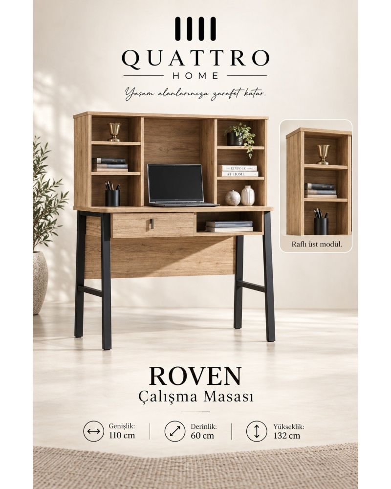 Roven Raflı Çalışma Masası-Genişlik: 110 cm Derinlik: 60 cm Yükseklik: 132 cm