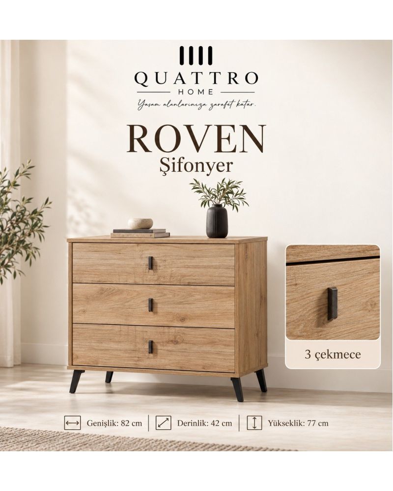Roven 3 Çekmeceli Şifonyer-Genişlik: 82 cm Derinlik: 42 cm Yükseklik: 77 cm