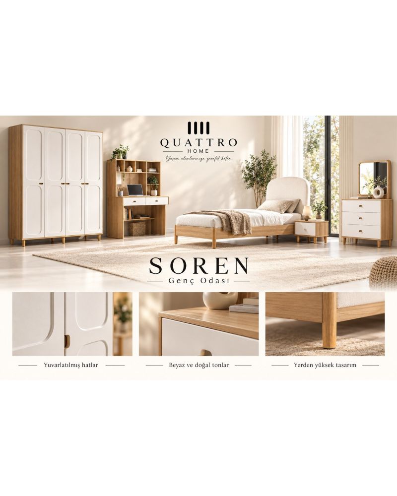 Soren Genç Odası Takımı-Yükseklik Dolap-160-52-200 Karyola-95-195-105 Şifonyer82-42-141 Çalışma masası-110-60-149 Komodin-52-42-53