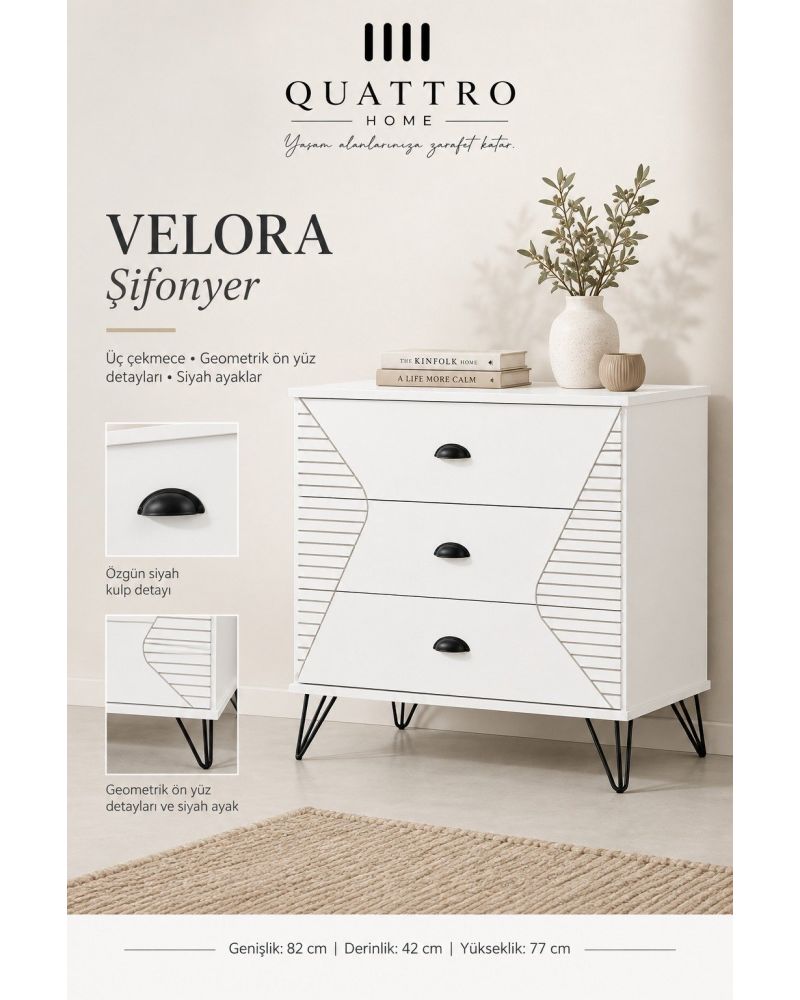 Velora 3 Çekmeceli Şifonyer-Genişlik: 82 cm Derinlik: 42 cm Yükseklik: 77 cm