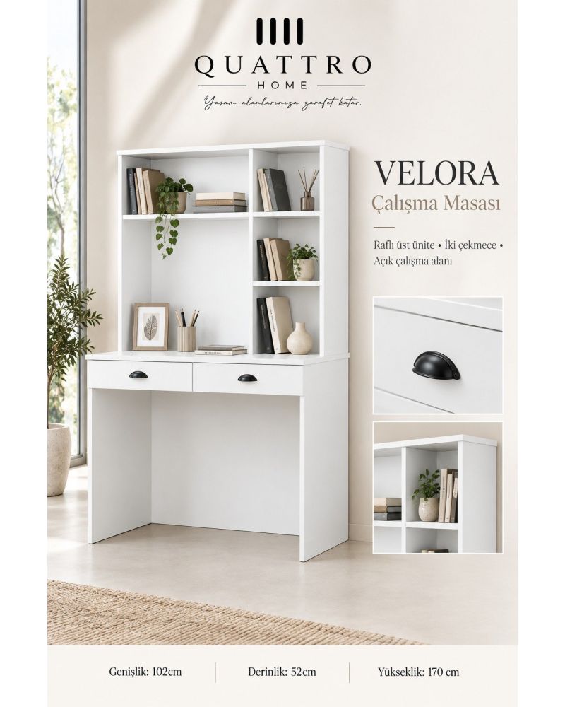 Velora Raflı ve 2 Çekmeceli Çalışma Masası-Genişlik: 102 cm Derinlik: 52 cm Yükseklik: 170 cm