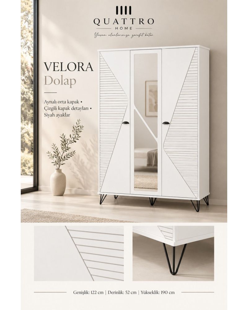 Velora 3 Kapaklı Aynalı Dolap-Genişlik: 122 cm Derinlik: 52 cm Yükseklik: 190 cm