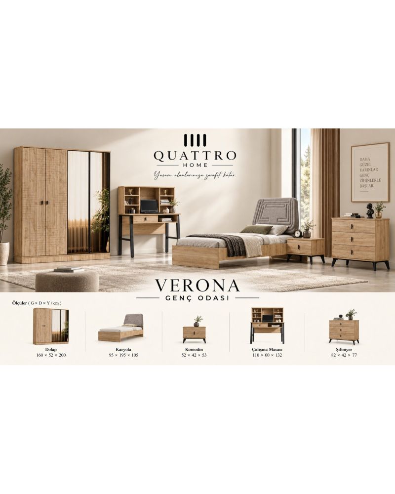 Verona Genç Odası Takımı-Dolap: 160 x 52 x 200 cm Karyola: 95 x 195 x 105 cm Komodin: 52 x 42 x 53 cm Çalışma Masası: 110 x 60 x 132 cm Şifonyer: 82 x 42 x 77 cm