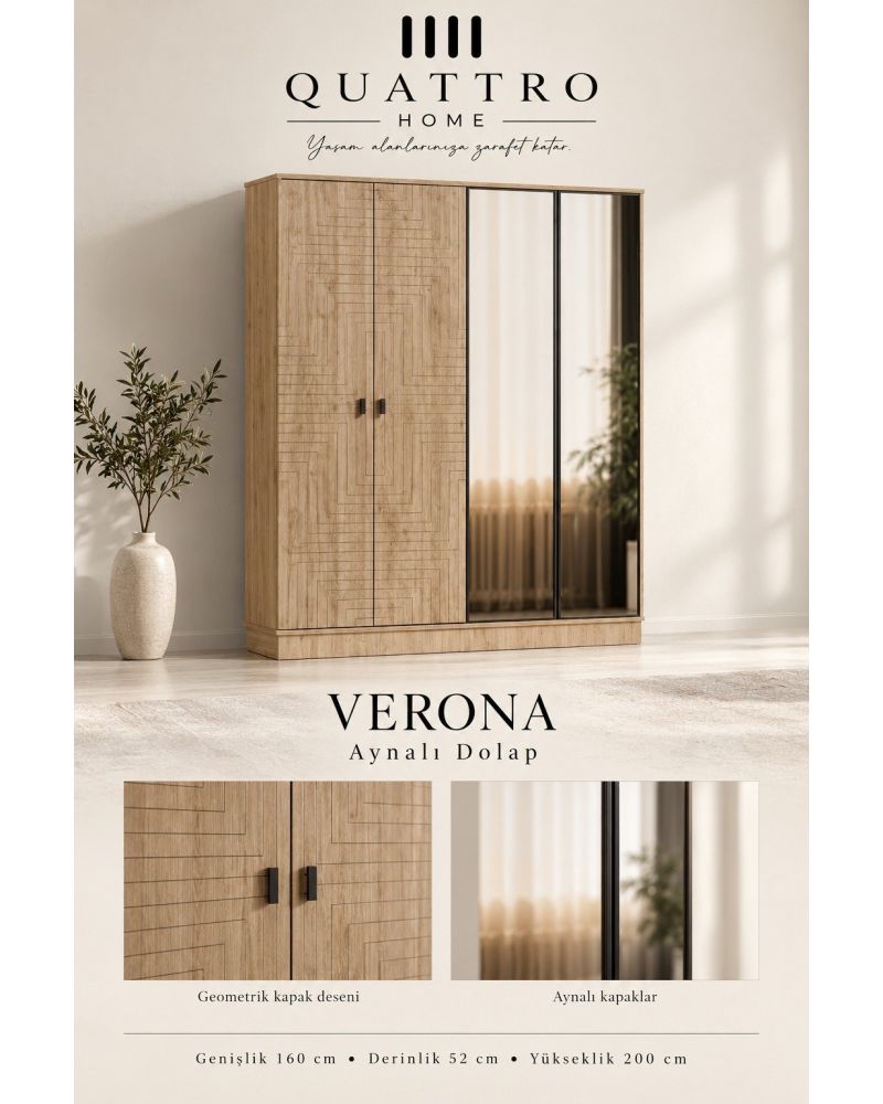Verona 4 Kapaklı Aynalı Dolap-Genişlik: 160 cm Derinlik: 52 cm Yükseklik: 200 cm