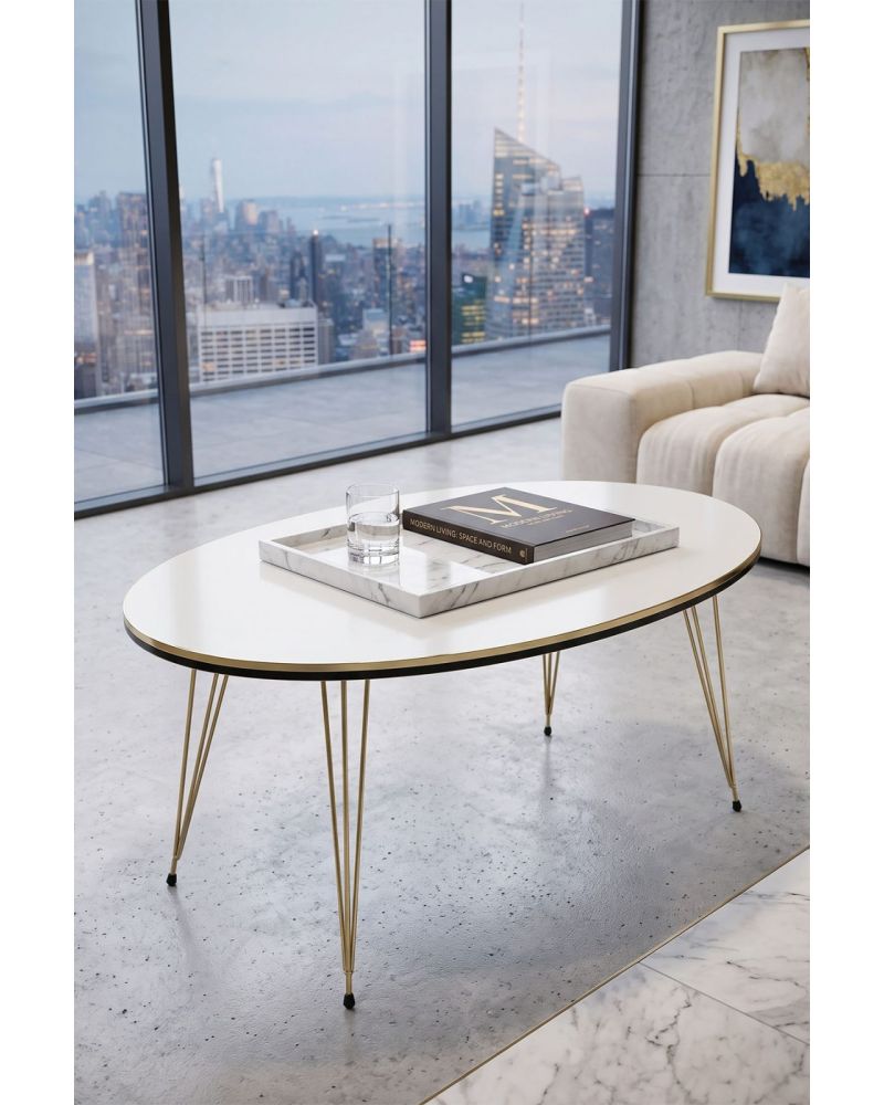 Oval Beyaz Orta Sehpa Gold Metal Ayaklı