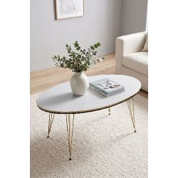 Oval Beyaz Orta Sehpa Gold Metal Ayaklı