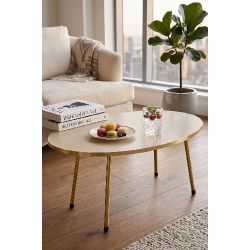 Gold Metal Oval Orta Sehpa Krem